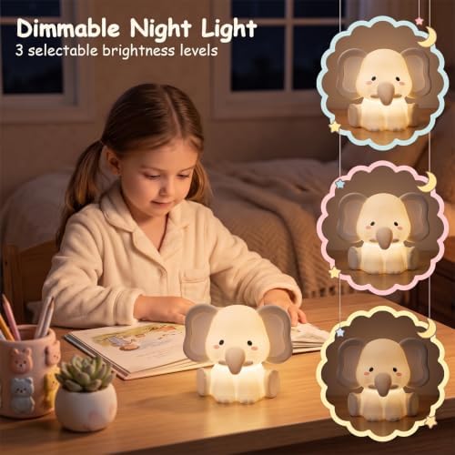 AVEKI Elephant Night Light, Silicone Touch Bedside Lamp (Grey)