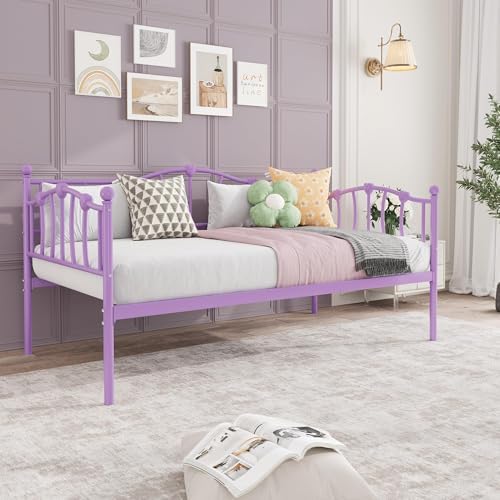 GarveeHome Twin Size Daybed Frame, Sofa Bed with Stylish Headboard, Heavy Duty Steel Slat Support, Space Saving for Living Room/Bedroom/Guest Room, Purple