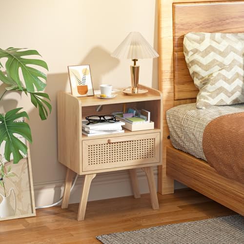 Lerliuo Rattan Nightstand with Charging Station, Boho Night Stand