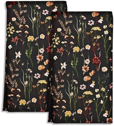 Miss Adola Cute Kitchen Towels Set of 2, 18 x 26 Inch, Black Flower