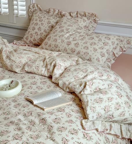 Girls Flower Duvet Cover Set Muslin Cotton Twin(68"x86"),Pink Floral