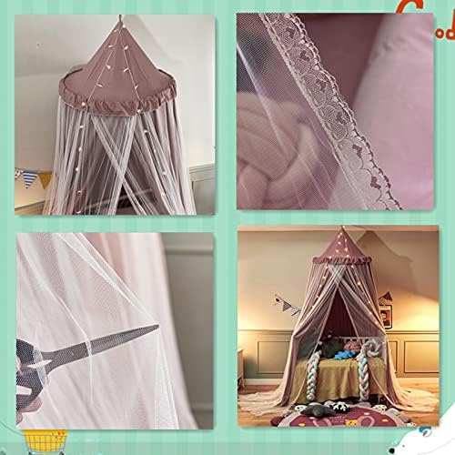 VETHIN Bed Canopy Double Layer Princess Round Dome Dreamy Mosquito Net Bedding Girls Room Castle Play Tent Hanging House Decor Reading Nook Canopies(Jujube Red/White)