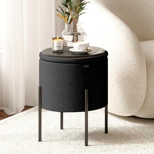 Round Ottoman with Storage, Boucle Storage Foot Stool, Makeup Vanity Stool, Small Ottoman Foot Rest, Modern Ottomans for Living Room and Bedroom, Black
