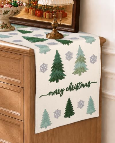 Miss Adola Embroidered Canvas 13"x90" Christmas Table Runner, Merry Forest