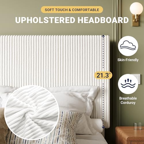 Allewie King Bed Frame, Adjustable Corduroy Headboard, Platform, White