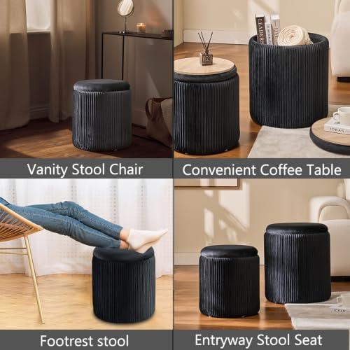 BLEXA Round Ottoman with Storage, Set of 2, Velvet Vanity Stool, Black