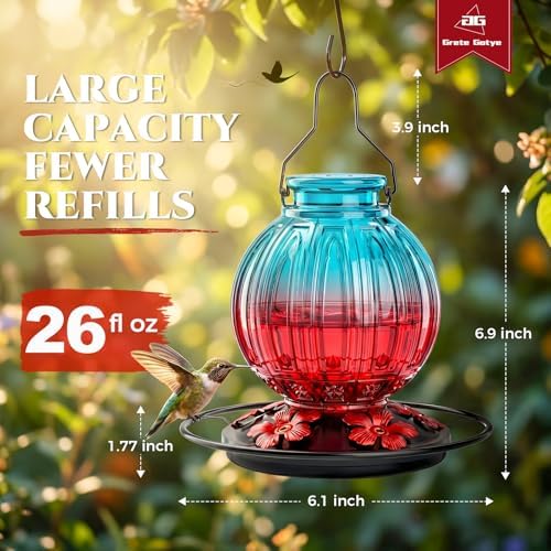 Glass Hummingbird Feeder for Outdoors Hanging, 26 fl oz Bird Nectar Feeder