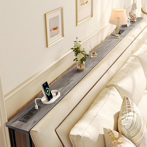 SUPERJARE 102 Inch Sofa Table with 2 Power Outlets and USB-C Ports, 5.9 Inch Narrow Console Table with Storage, Extra-Long, for Entryway Hallway Couch Behind Sofa, Small Spaces, Living Room,Grey