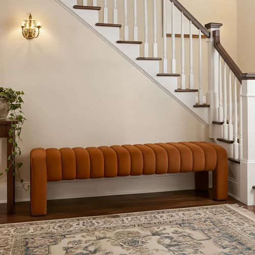 63" Bedroom Bench, Upholstered Entryway Bench, Modern End of Bed Ottoman with Solid Wood Legs and Adjustable Foot Pegs for Entryway, Dining Room and Living Room (Brown Velvet)