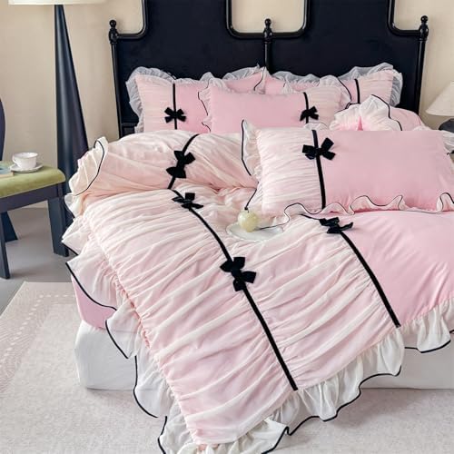 Ruffle Beddding Set with Bowtie,Girls Lace Bedding,Pink Queen Comforter Cover Set, Chic Ruffled Duvet Cover with Lovely Bow,Princess Style 1 Duvet Cover with 2 Pillowcases, No Comforter