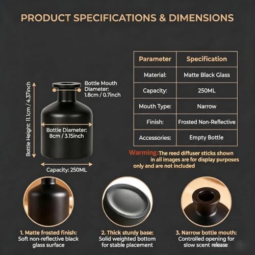 8.4oz Glass Reed Diffuser Bottles, Matte Black Fragrance Container