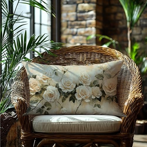 French Country Rose Floral Pillow Cover 12x20 Double-Sided, Vintage Cream Flower Decorative Lumbar Throw Pillow Cover for Home Bedroom Living Room