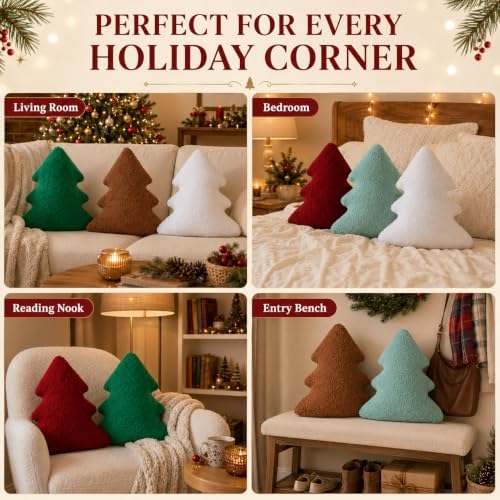 Cumule 5 Pcs Christmas Throw Pillows Cute Xmas Tree Shaped Plush Pillow for Christmas Winter Holiday Party Outdoor Bedroom Cushion Decoration