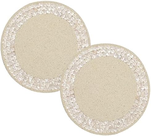 ALPHA Living HOME Beaded Placemats 13 Inch Round, Ivory Pack of 2