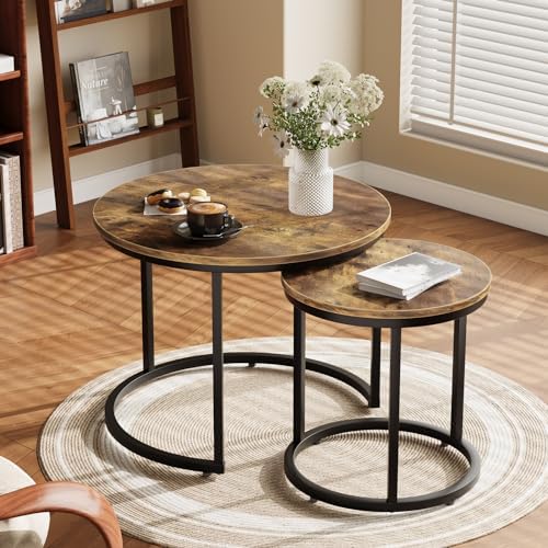 Smuxee Nesting Coffee Table Set of 2, 23.6" Round Coffee Table Rustic Wood Top with Adjustable Non-Slip Feet, Industrial End Table Side Tables for Living Room Bedroom Balcony Yard