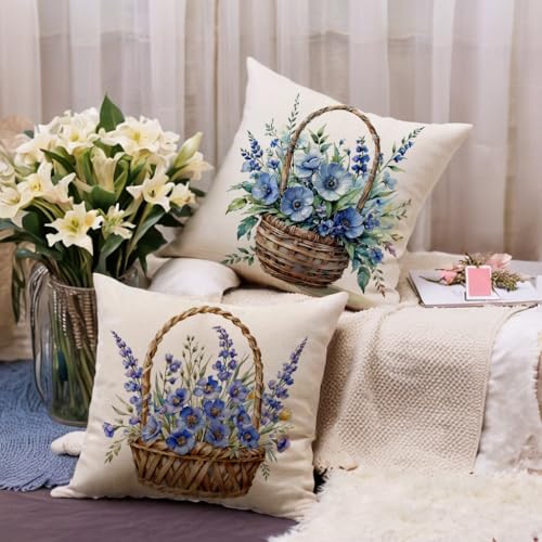 7COLORROOM 2Pack Blue Flower Pillow Covers Outdoor Garden Decoration Cushion Covers Farmhouse Rustic Colorful Spring Flower Home Décor Pillowcases 18x18 inch for Patio Sofa Bed(Blue)