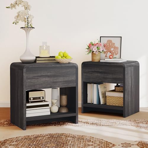 AMERLIFE Nightstands Set of 2 with Storage Drawer & Shelves, Black