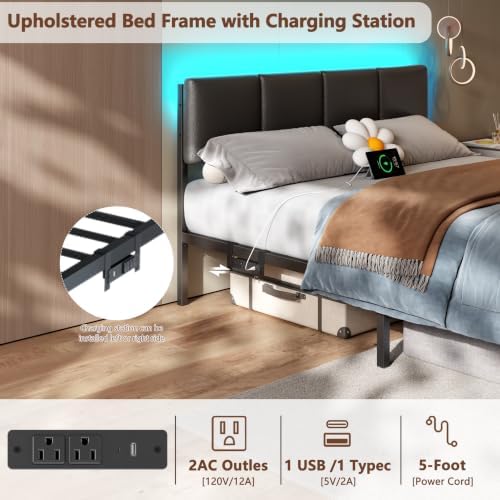 Furnulem Black Queen Bed Frame with PU Upholstered Headboard and LED Lights