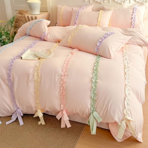 Rainbow Ruffles Bedding Set with Bow,Colorful Striped Duvet Cover, Cute Princess Style 2 PCS Duvet Cover Set-1 Duvet Cover and 1 Pillowcases for Girls Teens Bedroom,No Comforter