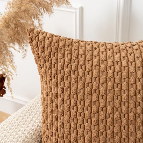 Kevin Textile Soft Corduroy 16x16 Inch Pillow Covers 2 Pack, Khaki