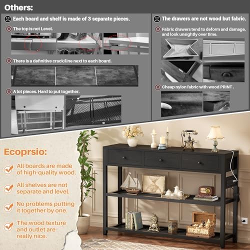 Ecopriso 47'' Entryway Table with Outlets and USB Ports, Console Table with 3 Drawers, Sofa Table Narrow Long with Storage Shelves for Living Room, Couch, Hallway, Foyer, Kitchen Counter, Black