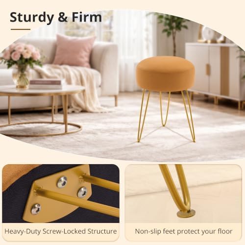 LUE BONA Vanity Stool, Mustard Yellow Vanity Stools for Makeup Room, Round Ottoman Foot Stool, Suede Footrest Vanity Chair for Bathroom Vanity, Bedroom, Living Room, Entryway, Offices