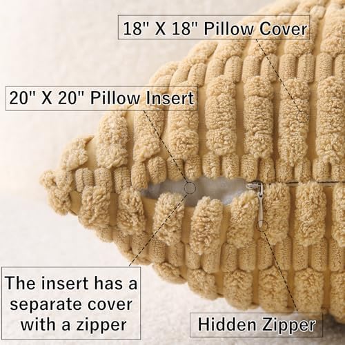 2 Pack Corduroy Decorative Throw Pillow with Inserts, 18x18 Inch Soft Boho Throw Pillow, Square Striped Throw Pillows for Couch, Bed, Sofa Decor (Golden Brown)