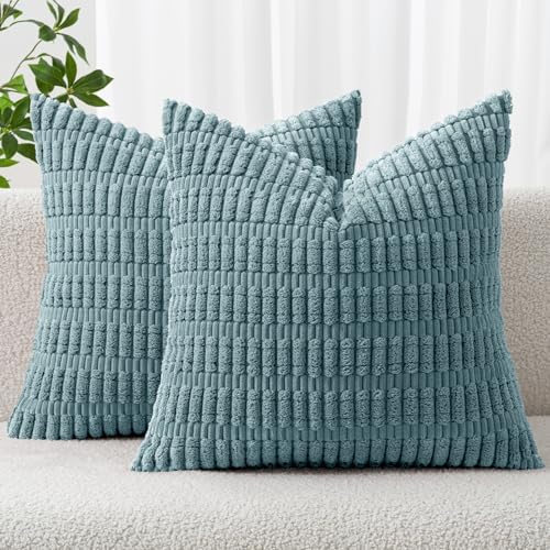 MIULEE Corduroy Decorative Throw Pillow Covers 16x16 Coastal Blue Pack of 2