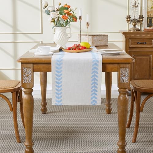 Wracra Embroidered Table Runner, Blue Table Runners 90 Inches Long