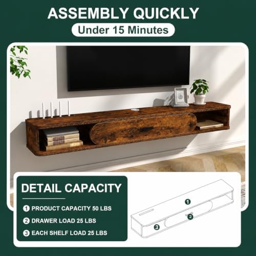 GHC Floating TV Stand, 65'' Wall Mounted TV Cabinet, Floating Shelves with Door, Media Console for DVD Player, Space-Saving Under TV Shelf for Bedroom & Living Room (Rustic Brown)