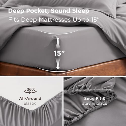 Bedsure Full Duvet Cover with Fitted Sheet, Double Brushed Bedding, Grey