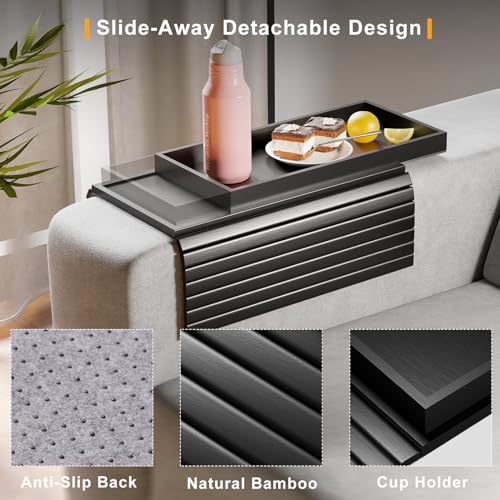 Bestjing 2 in 1 Bamboo Sofa Armrest Tray Table for Couch