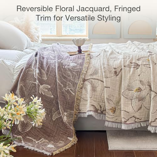 Simple&Opulence Cotton Muslin Blanket King Size 104"x90", Reversible Yarn-Dyed Vintage Khaki Floral Jacquard, 3-Layer Gauze with Tassels, Soft Lightweight Breathable All-Season Bedspread for Bed Couch