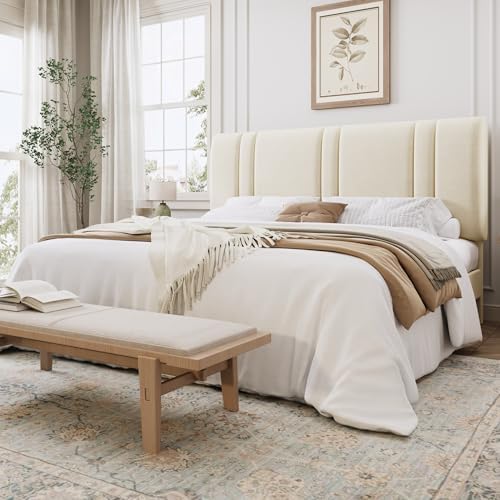 SHA CERLIN King Size Velvet Bed Frame with Adjustable Headboard, Cream