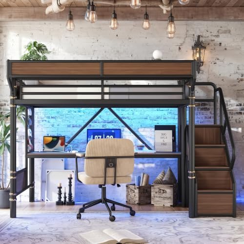 Twin Size Metal Loft Bed Frame with Storage Staircase & Built-in Desk & Wardrobe, Loft Bed with Pegboard & Mesh Storage Baskets & Slats, No Box Spring Required, Easy Assembly, for Bedroom, Black