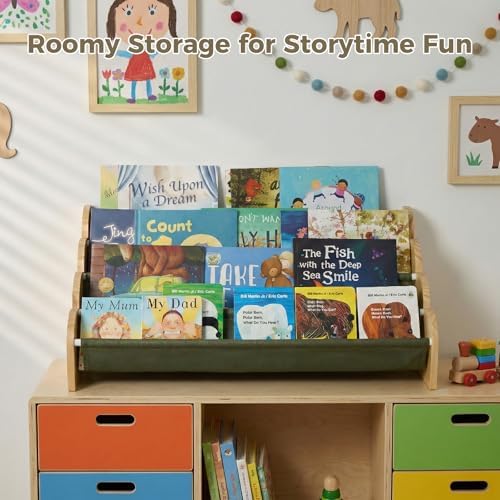Puricon 4-Tier Kids Bookshelf, Wooden Bookcase Organizer for Toddlers with Deep Pockets & Wavy Edge, Decorative Front-Facing Sling Book Rack for Kids Rooms, Nursery, Playroom and Classroom -Sage