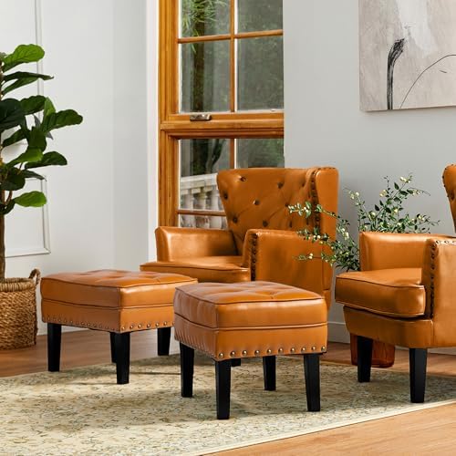 Glitzhome Set of 2 Ottoman Stool, Mid-Century Modern PU Leather Vanity Accent Stool Chair, Makeup Stools Footrest Side Table for Living Room Vanity Entryway, Cognac