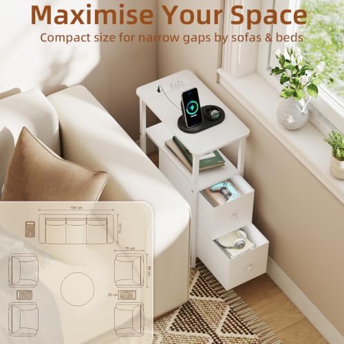 Somdot Narrow End Table Set of 2, Charging Station, Side Table, 2 Drawers