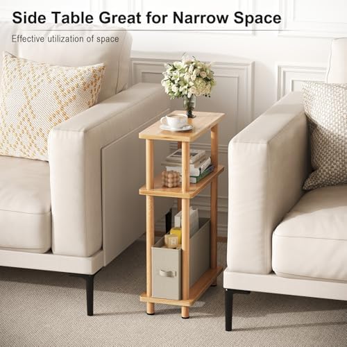 Apicizon Narrow Side Table with Fabric Basket, 3-Tier End Table, Natural