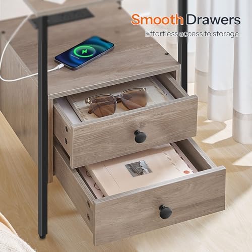 HOOBRO End Table with Charging Station, Bedside Table with Drawers