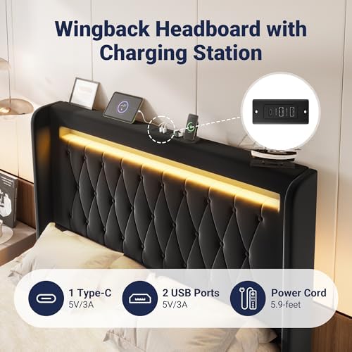 Allewie Full Size Upholstered Bed Frame with LED & Charging Station, Black