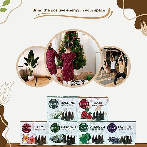 Trumiri Floral Incense Cones - Variety Pack - Total 60 Cone Incense (6 Scents x 10 Conos) - Rose, Lavender, Jasmin, Patchouli, Gardenia, Lily - Cone Incense Scents - Insense Cones - Incent Cone