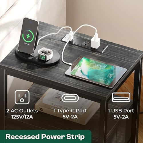 Huuger Nightstand with Charging Station, 27.6 Inch Bedside Table,Side Table