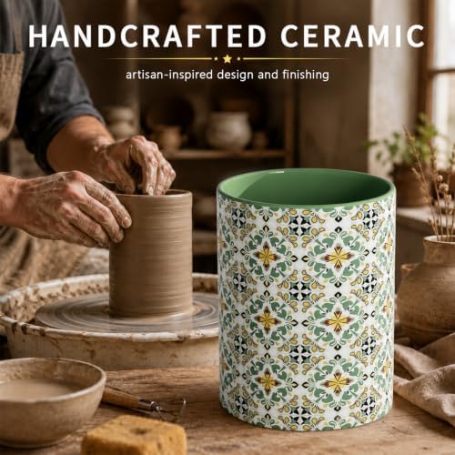 Solidith Ceramic Utensil Holder Crock for Kitchen Countertop,Green