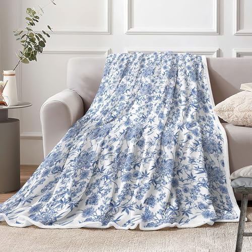 Floral Blanket Blue Floral Throw Blanket, Botanical Flowers Blankets, Soft, Flannel, Warm, Boho Flowers Bed Blankets All Season for Couch Bedroom Living Room, Blue-3 60X80 Inch