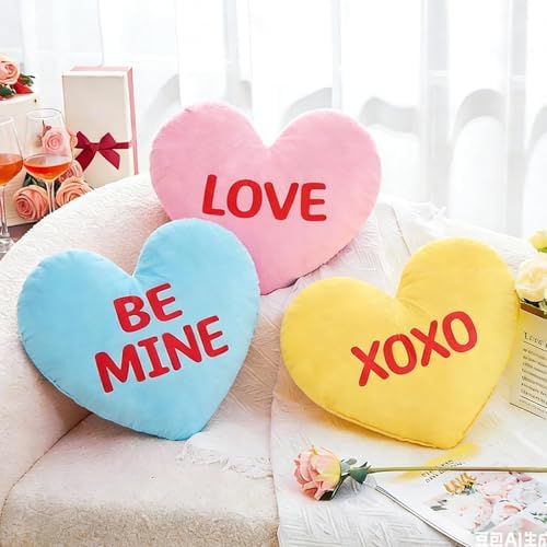 Cumule 3Pcs Valentine's Day Heart Pillows Candy Heart Pillows Blue Pink Yellow Pillows for Valentines Day Living Room Bedroom Decor Gifts