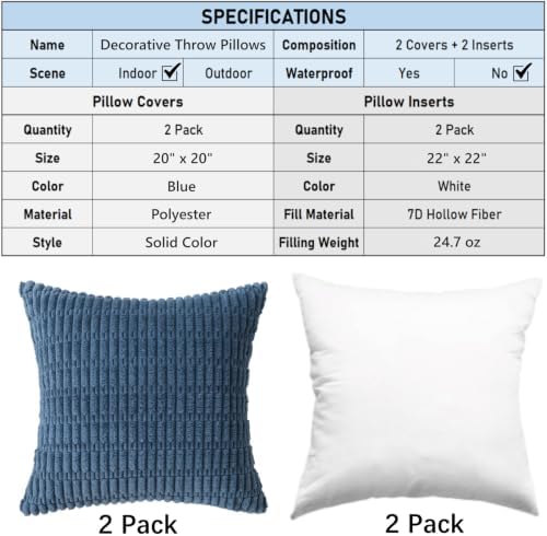 2 Pack Corduroy Decorative Throw Pillow with Inserts, 20x20 Inch Soft Boho Throw Pillow, Square Striped Throw Pillows for Couch, Bed, Sofa Decor (Blue)
