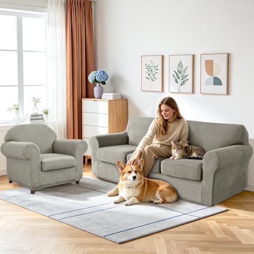 4 Pieces Stretch Couch Covers for 3 Cushion Sofa Cover Decorative Sofa Slipcover Non Slip Washable Thick Soft Elastic Furniture Protector for Pets,(Large, Taupe)