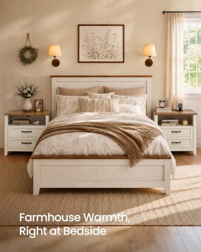 VASAGLE Farmhouse Nightstand with Charging Station, 2 Drawers, Open Shelf