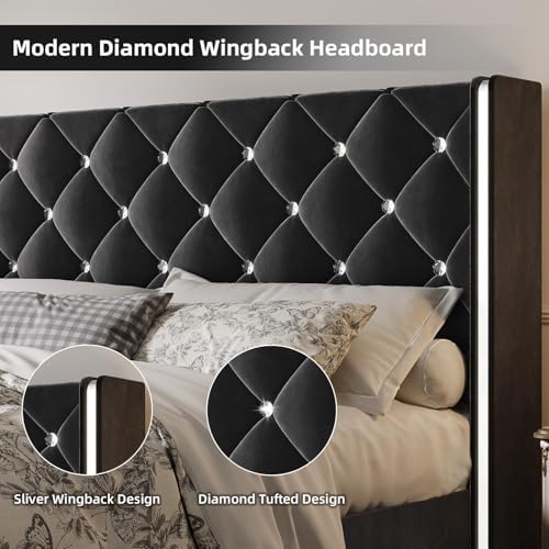 HOMBCK King Bed Frame with Velvet Headboard, Silverside Wingback, Black